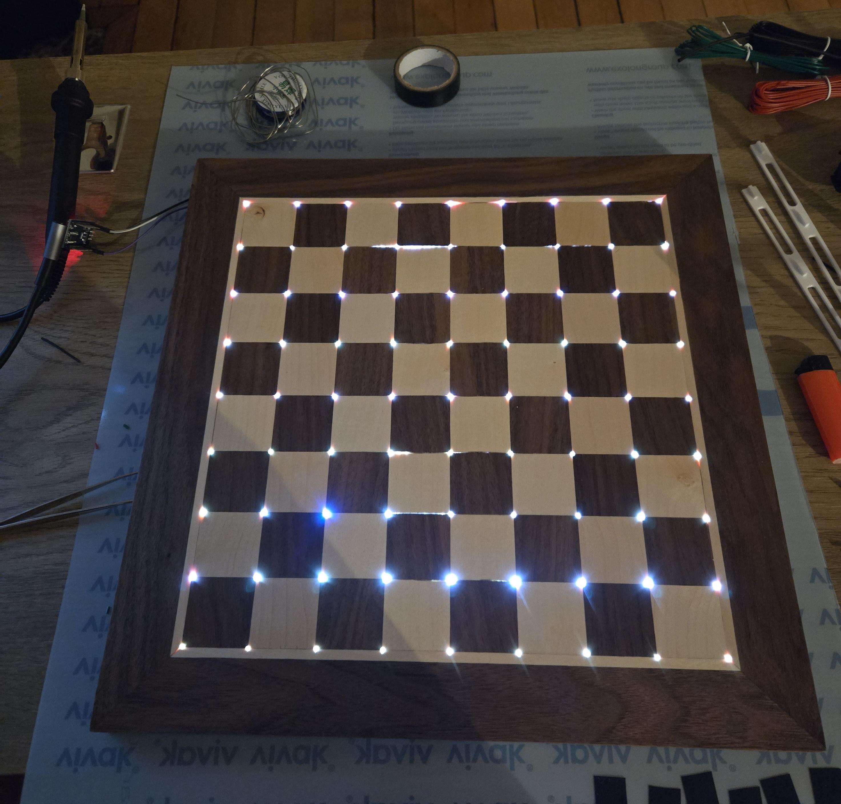 Chessboard with LEDs showing the working prototype
